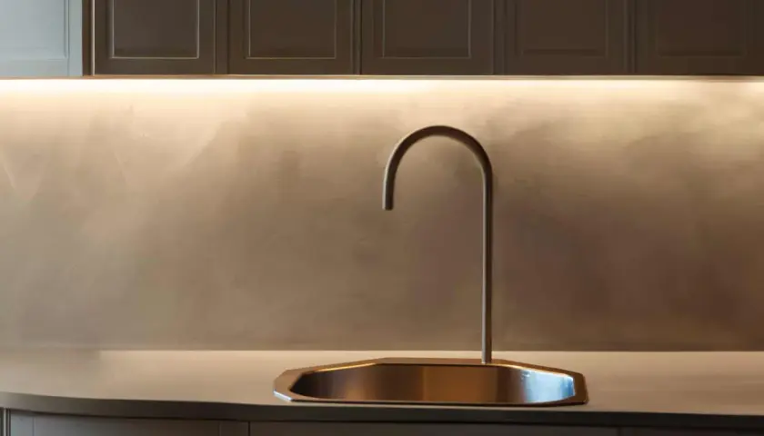 Rubinetto moderno su lavello in rame, con illuminazione a LED che valorizza la fascia di tamponamento cucina in resina spatolata.
