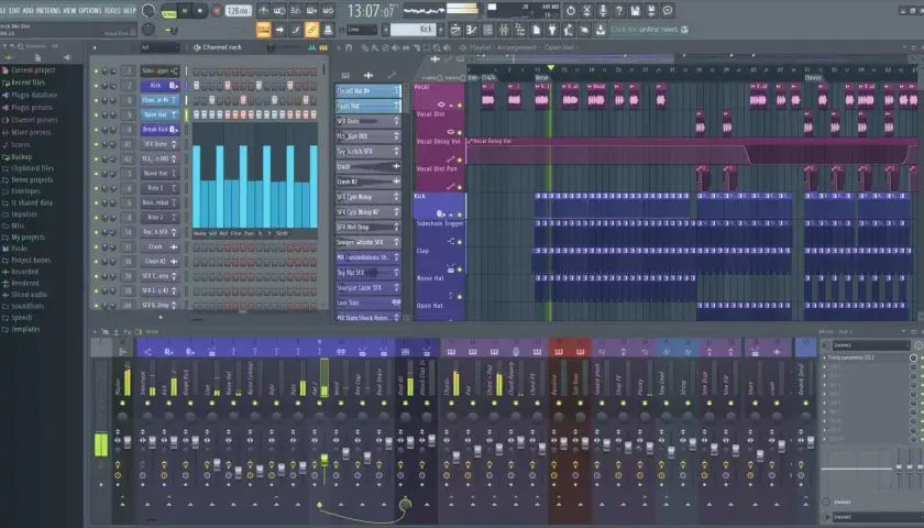 FL Studio-Oberfläche, ideal für Anfänger, zeigt Spuren für Gesang, Kick, Clap und mehr.