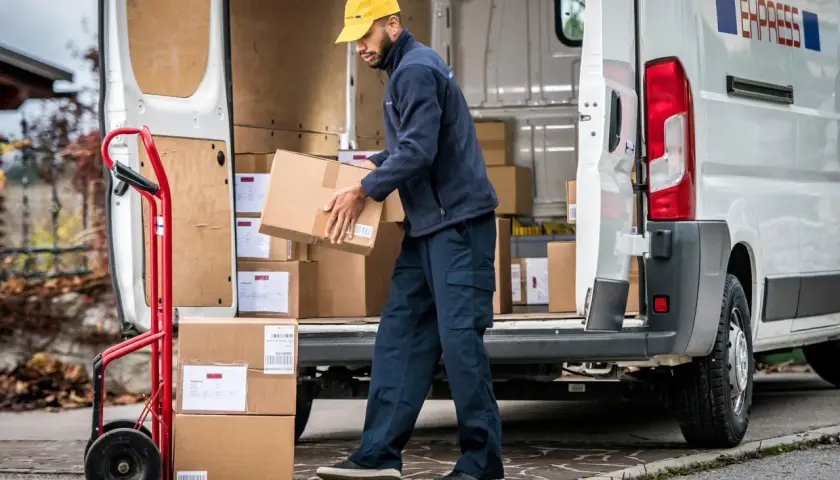 Zusteller lädt Pakete aus einem Lieferwagen. Viele Pakete, vielleicht wegen des peak season surcharge.