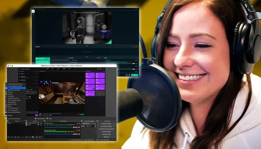 Eine Streamerin mit Kopfhörern lacht vor einem Mikrofon. Im Hintergrund sind OBS-Fenster zu sehen, die das Setup für einen Stream zeigen, inklusive Audio-Mixer mit Mikrofon/AUX-Audio.