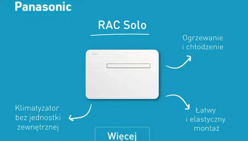 Klimatyzator Panasonic RAC Solo, bez jednostki zewnętrznej, z czynnikiem R32. Ogrzewanie i chłodzenie, łatwy montaż.