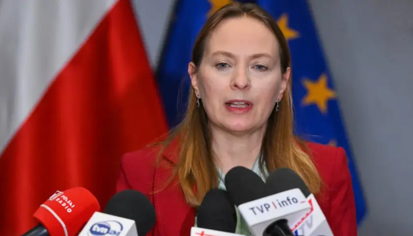 Kobieta w czerwonej marynarce przemawia do mikrofonów. W tle flagi Polski i UE. To po a pis porównanie.