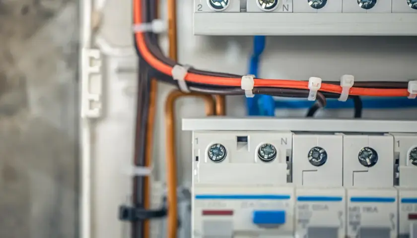 W skrzynce elektrycznej widać uporządkowane bruzdowanie pod kable. Pomarańczowe i brązowe przewody są schludnie spięte opaskami.