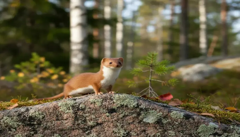 En liten vessla, ett nyfiket djur, tittar fram från en mossbelupen sten i en skogsmiljö.