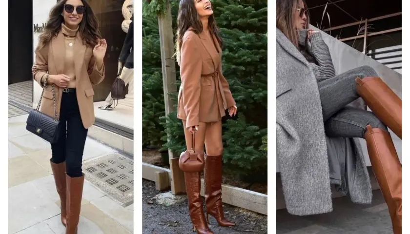 Trois femmes montrent comment porter des bottes hautes marrons avec des blazers et des manteaux pour un look chic.
