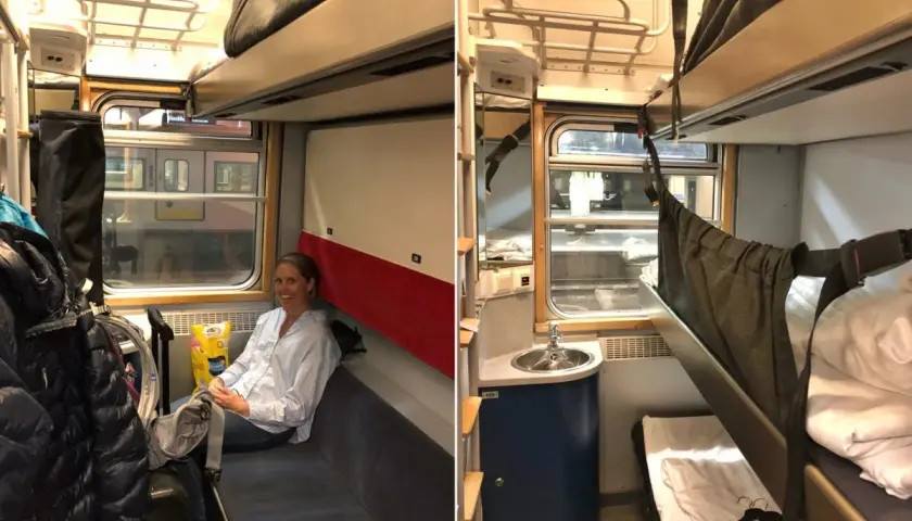 En kvinna sitter i en kupé på ett nattåg. Bredvid henne finns bagage och en bädd.