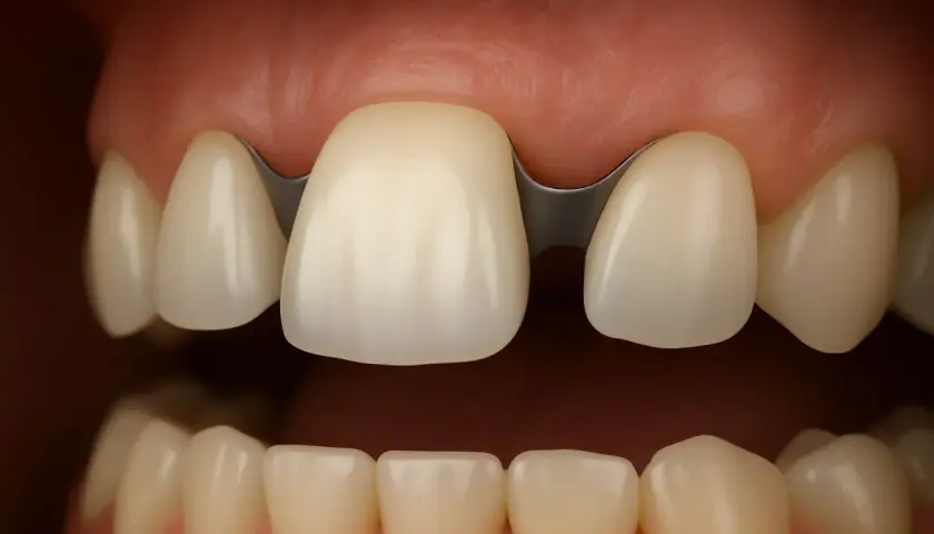 Un ponte dentale incollato, con una struttura metallica che collega i denti naturali, ripristina un sorriso completo.