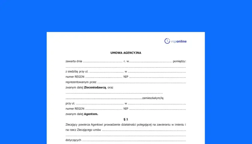 Umowa agencyjna, dokument do wypełnienia przez Zleceniodawcę i Agenta, zawiera pola na dane stron, adresy i numery identyfikacyjne.