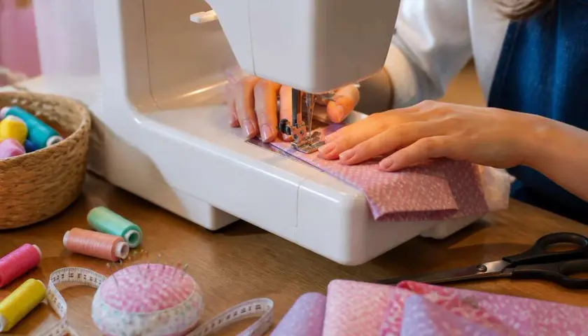 Mains expertes guidant le tissu pour faire des plis précis sur la machine à coudre. Bobines de fil, ciseaux et mètre ruban à proximité.