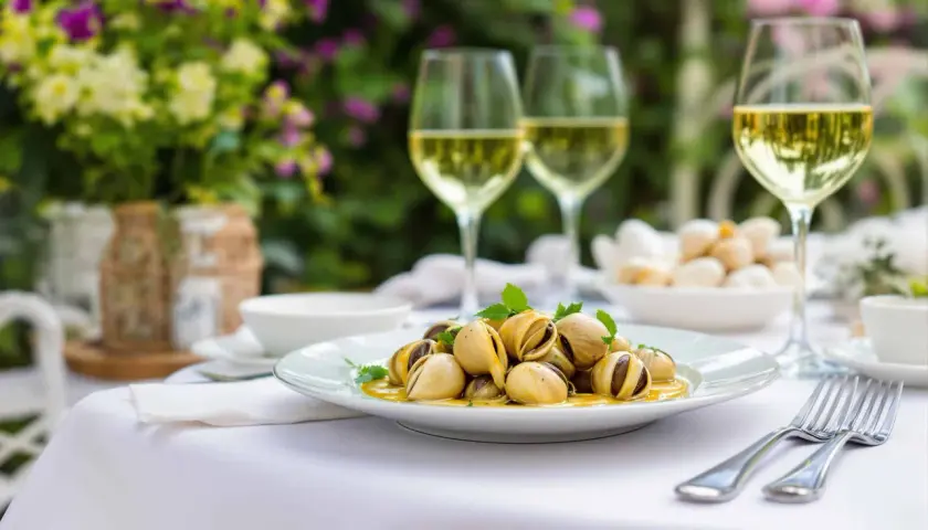 Un plat d'escargots à l'ail et au persil, servi avec des verres de vin blanc. La question est : quel vin avec les escargots ?