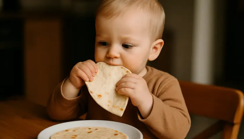 Małe dziecko gryzie kawałek tortilli pszennej, zastanawiając się, czy tortilla pszenna jest zdrowa.