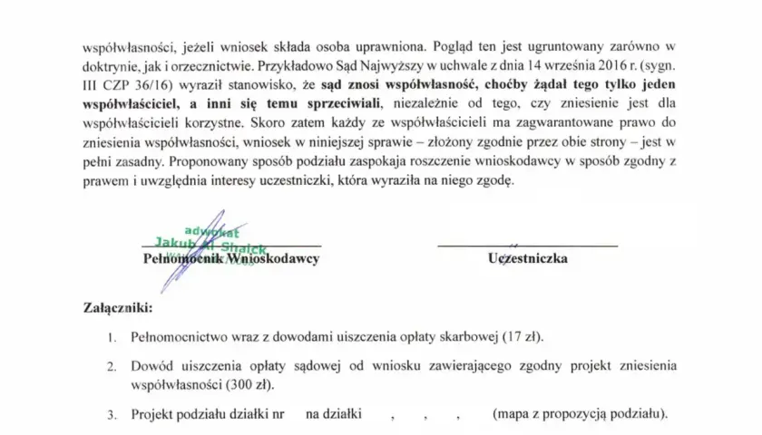 Dokument prawny dotyczący zniesienia współwłasności i podziału działki. Wniosek o wydzielenie działki z części wspólnej.