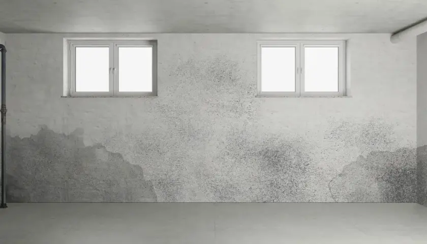 Ein feuchter Keller mit deutlichem **Schimmel im Keller** an den Wänden, zwei kleine Fenster und ein Rohr.