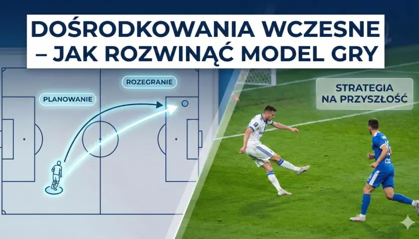 Schemat taktyczny futbolu: planowanie i rozegranie dośrodkowania. Piłkarz wykonuje podanie.