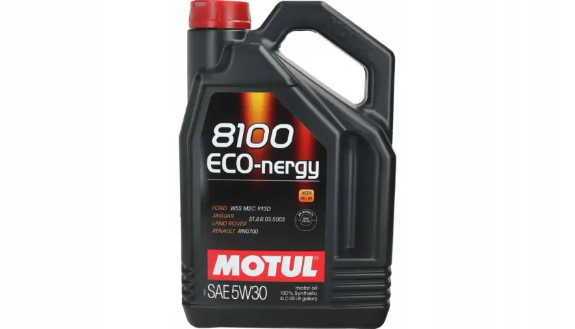 Czarna bańka oleju silnikowego Motul 8100 ECO-nergy SAE 5W30 z czerwonym korkiem.