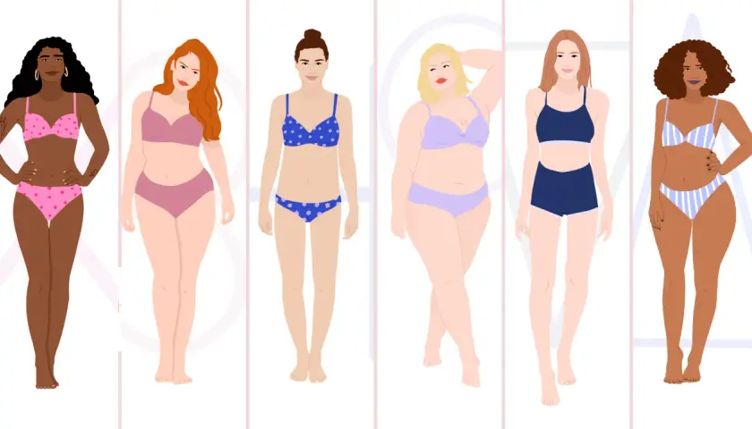 Six femmes aux morphologies variées, dont une femme mince, portent des ensembles de lingerie colorés.
