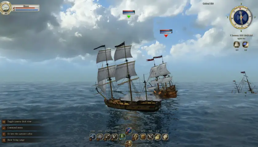Bitwa morska w grze Age of Pirates 2. Trzy żaglowce na wzburzonym morzu, jeden tonie.