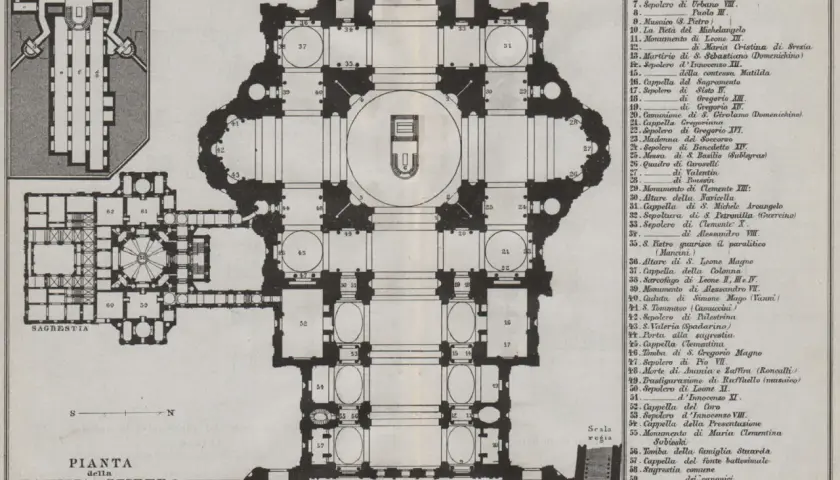 Pianta della Basilica di San Pietro in Vaticano. Descrizione dettagliata degli elementi architettonici e delle sepolture.