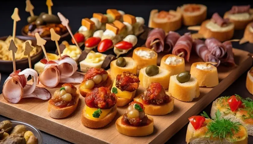 Pyszne pinchos na desce: bagietki z wędliną, oliwkami, pomidorkami i pastami. Idealne na przyjęcie!
