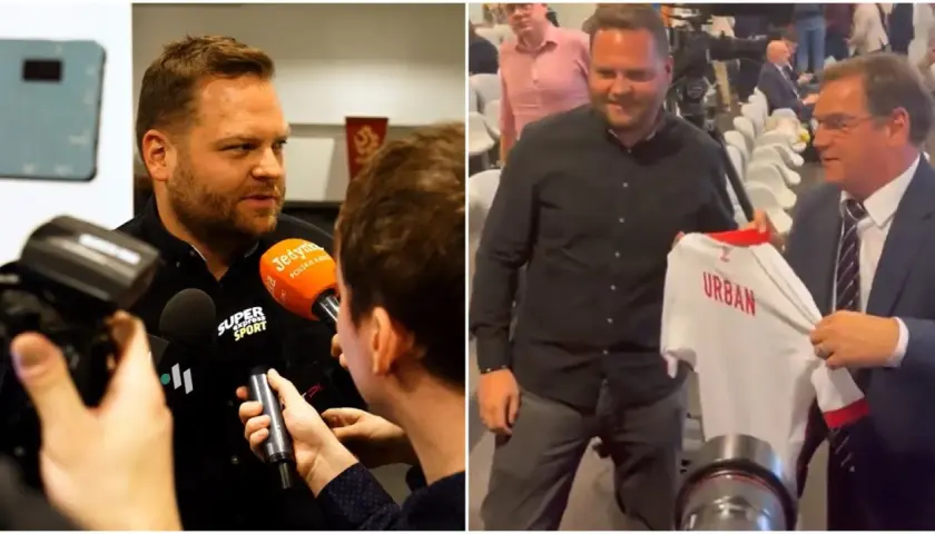 Jan Urban syn otrzymuje koszulkę z własnym nazwiskiem. Na drugim zdjęciu udziela wywiadu mediom.