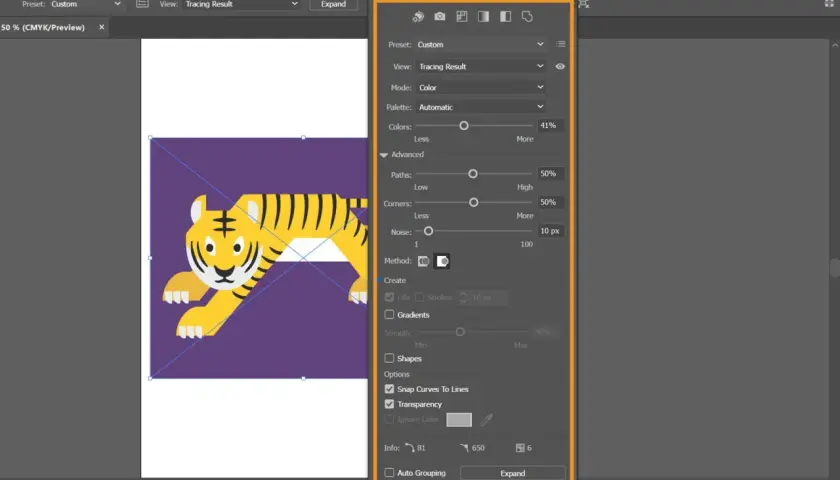 Ein Tigerbild wird mit dem Werkzeug "Bildnachzeichner" in Adobe Illustrator bearbeitet. Die Einstellungen für Pfade, Ecken und Rauschen sind sichtbar.