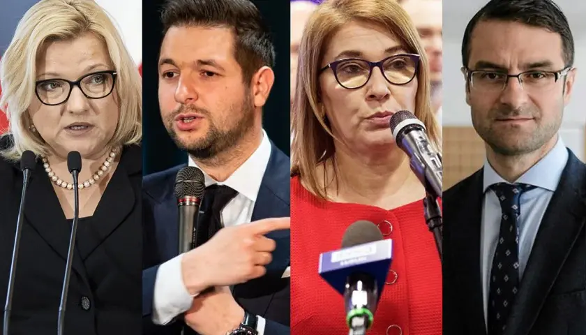 Cztery twarze europosłów z Polski: kobiety w okularach i czarnej marynarce, mężczyzna w garniturze, kobieta w czerwonej bluzce i mężczyzna w granatowym garniturze.