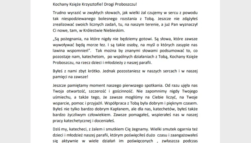 Pożegnanie zmarłego czytane przez księdza wzór. List pożegnalny od parafian do proboszcza, wyrażający żal i wdzięczność za jego posługę.