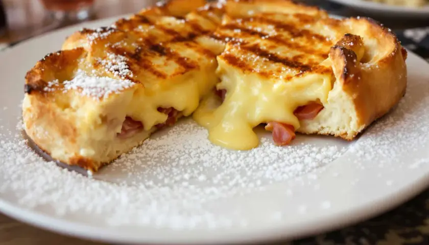 Une délicieuse croute savoyarde, dorée et saupoudrée de sucre glace, révèle un cœur fondant au fromage et jambon.