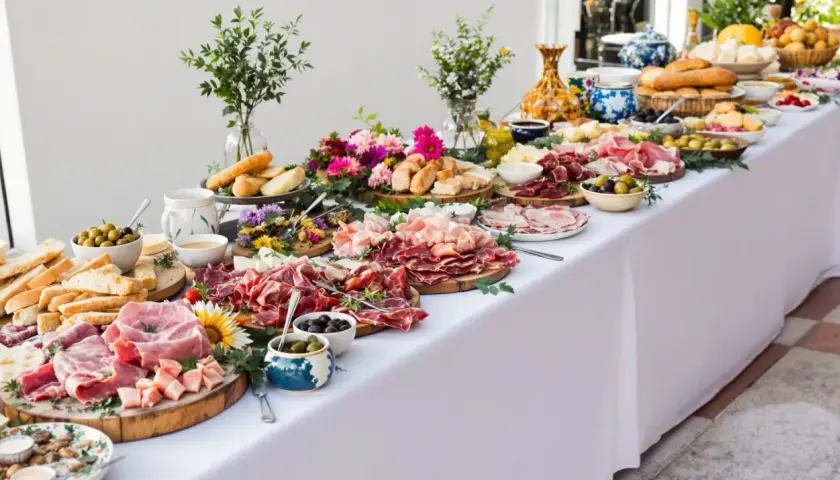 Un magnifique buffet restauration débordant de charcuteries, fromages, pains et olives, décoré de fleurs fraîches.