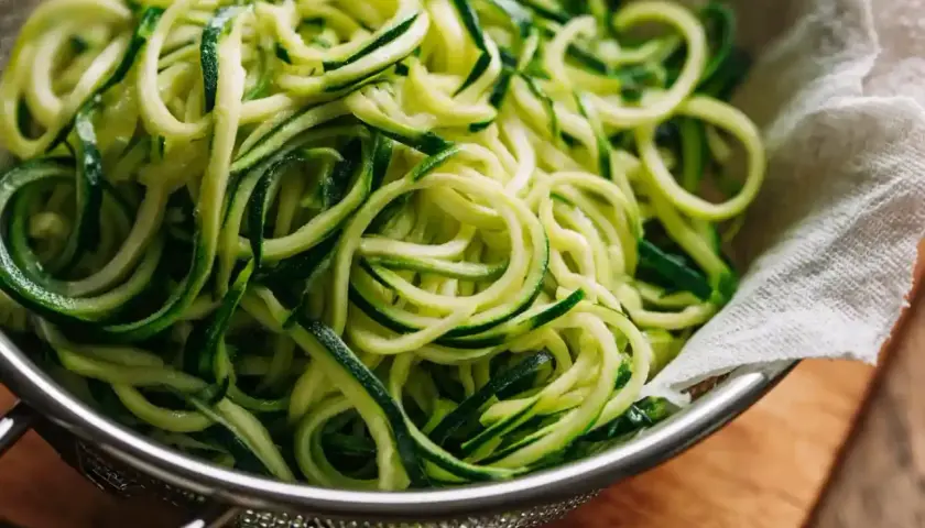Frisch zubereitete gedrehte Nudeln aus Zucchini in einem Sieb.