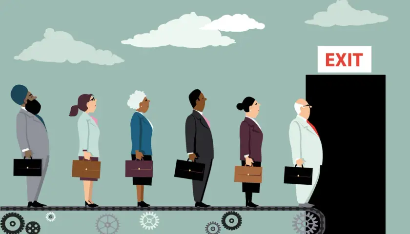 A diverse group of professionals on a conveyor belt approach an "EXIT" sign, illustrating the need for diversity equity and inclusion best practices to ensure everyone has a path forward.