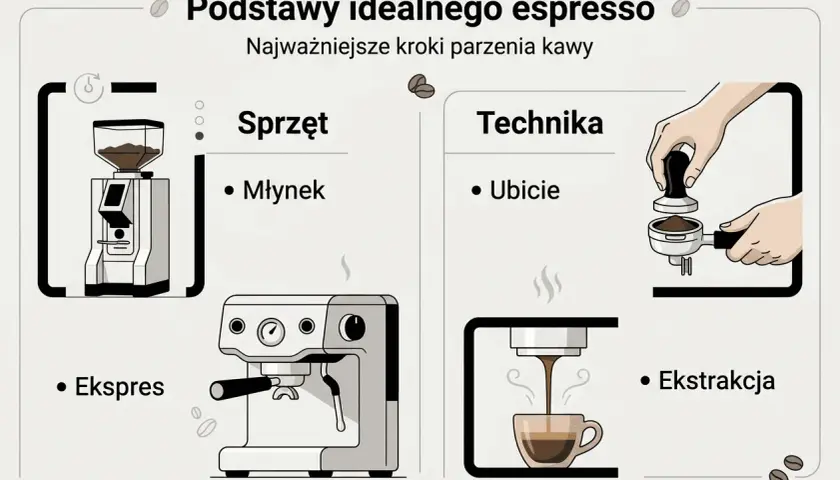 Podstawy idealnego espresso: młynek, ekspres, ubicie i ekstrakcja. Ziarnka na opakowaniu kawy symbolizują jej świeżość i jakość.