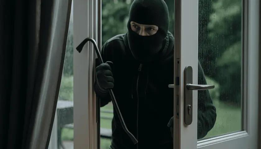 Un cambrioleur masqué, prêt à forcer une porte avec un pied-de-biche, illustre le danger du home jacking et l'importance de la protection.