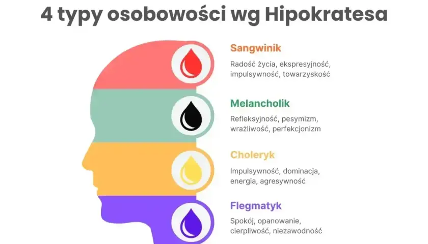 Holistyczny obraz 4 typów osobowości wg Hipokratesa: sangwinik, melancholik, choleryk, flegmatyk.