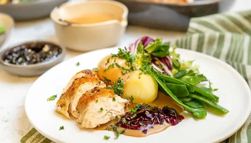 En saftig hel kyckling i ugn, skuren i skivor, serveras med potatis, gröna bönor och en härlig sås.