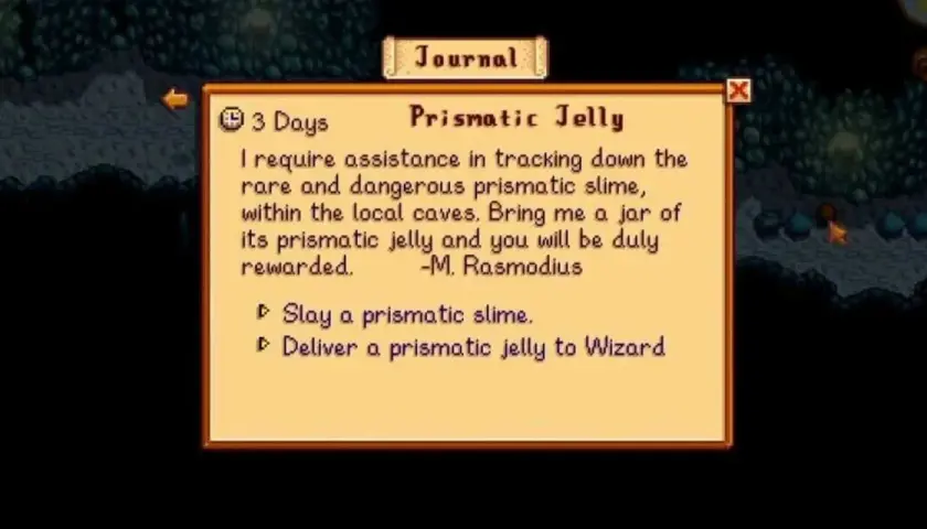 Dziennik w Stardew Valley: zadanie "Prismatic Jelly" od Czarodzieja. Trzeba pokonać tęczowego śluzaka i zdobyć jego galaretkę.