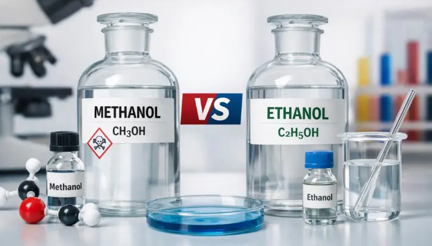 Etanol co to? Porównanie metanolu i etanolu w laboratorium. Widać butelki z chemikaliami, symbol zagrożenia i model cząsteczki.