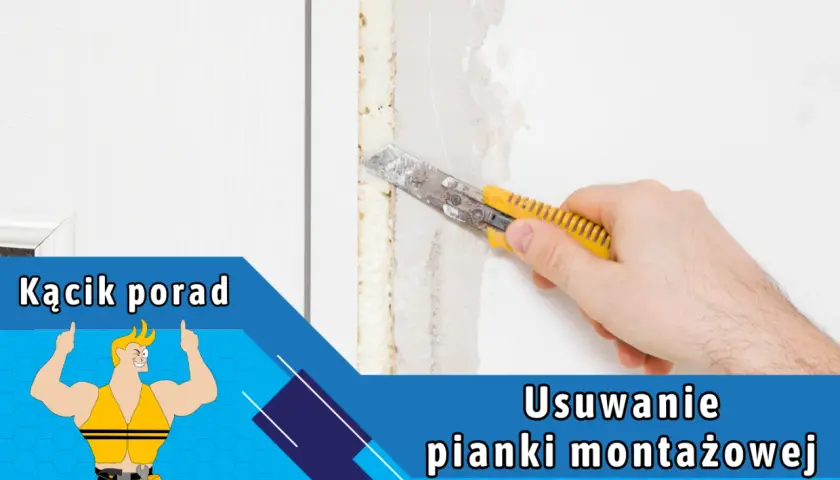 Dłoń z nożem tnie piankę montażową przy panelu.