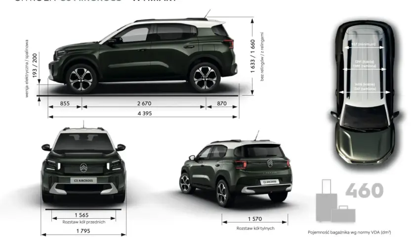Citroën C3 Aircross wymiary: długość 4395 mm, szerokość 1795 mm, wysokość 1633/1660 mm. Bagażnik 460 dm³.