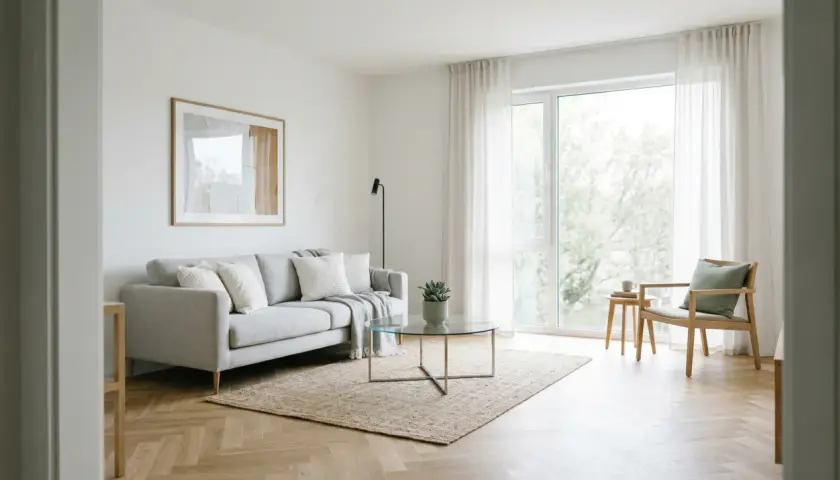 Jasny salon z szarą kanapą, szklanym stolikiem i krzesłem. Idealny przykład home stagingu, który podkreśla przestronność i styl.