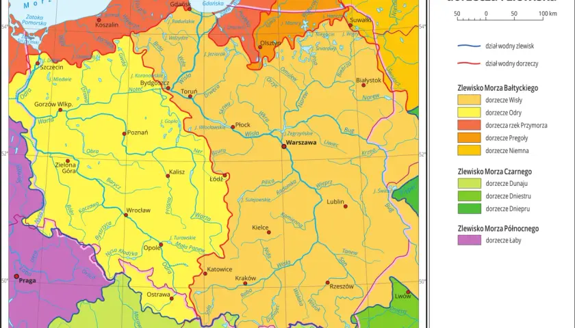 Mapa pokazuje, gdzie znajduje się Polska, jej główne rzeki i zlewiska Morza Bałtyckiego, Czarnego i Północnego.