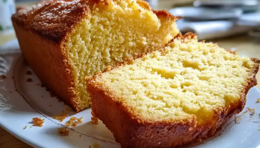 En saftig sockerkaka med gyllene skorpa, skuren i en bit, ligger på en vit tallrik.