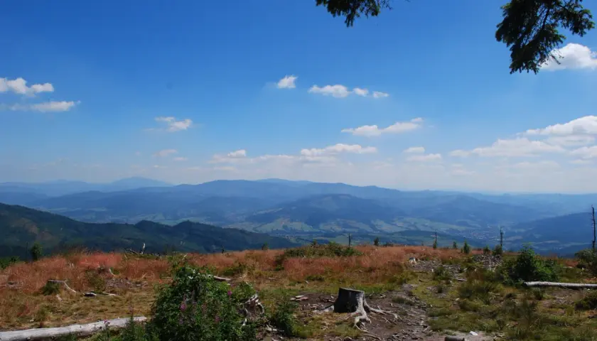 Widok na pasmo górskie Beskidów, gdzie widać liczne wzgórza i doliny. Jakie są szczyty w Beskidach? Ten krajobraz zapiera dech w piersiach.