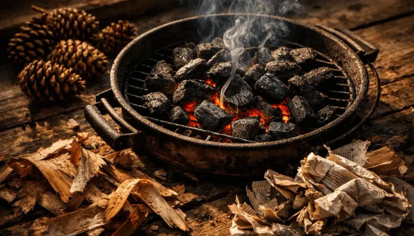 Rozpalony grill z żarem i dymem, obok szyszki i rozpałka. Idealny sposób, jak rozpalić grilla na drewnianym blacie.