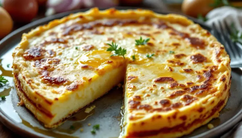 Une tortilla espagnole dorée et appétissante, coupée en part, baigne dans une huile savoureuse.