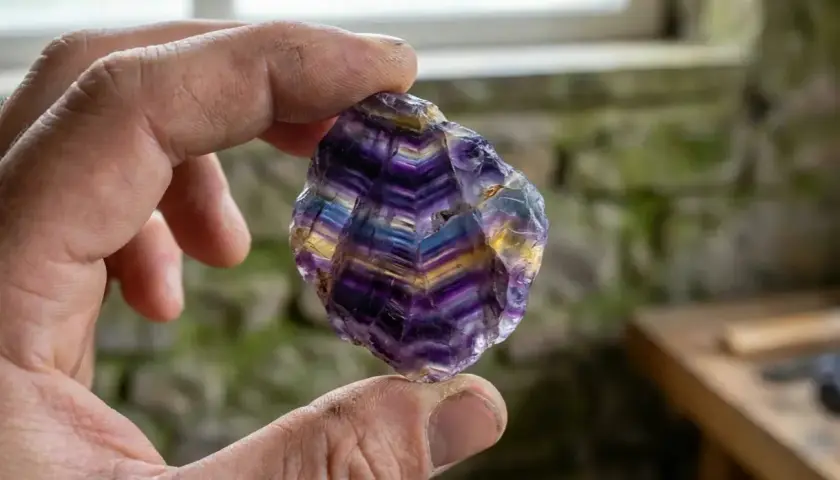 Ein Mann hält einen schillernden Blue John Stein, dessen violette und gelbe Streifen wie ein Regenbogen leuchten.