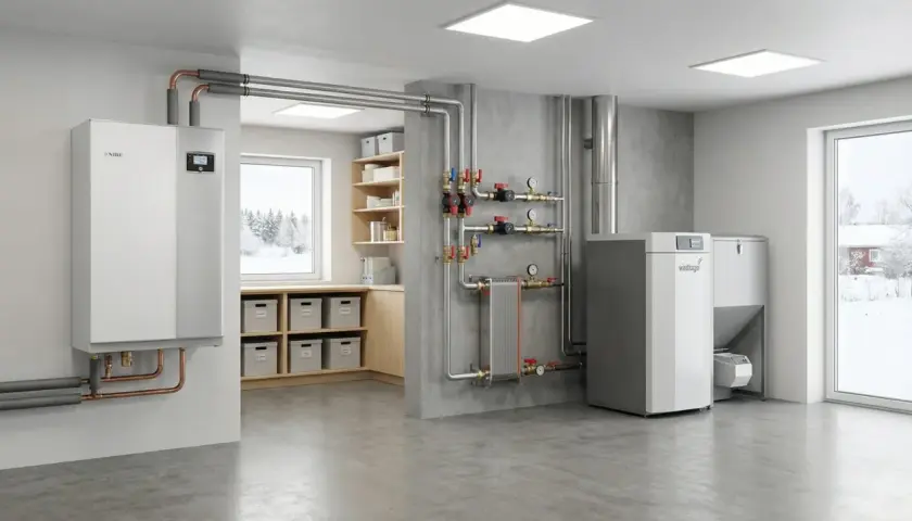 Modern värmesystem för gasuppvärmning av hus, med värmepump och panna. Vinterlandskap syns utanför fönstret.