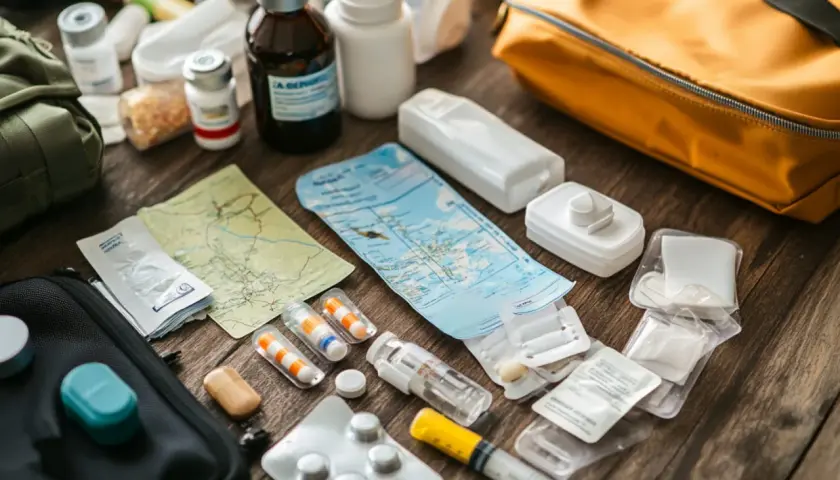 Reiseapotheke für Tansania: Medikamente, Karten und Spritzen für Impfungen.