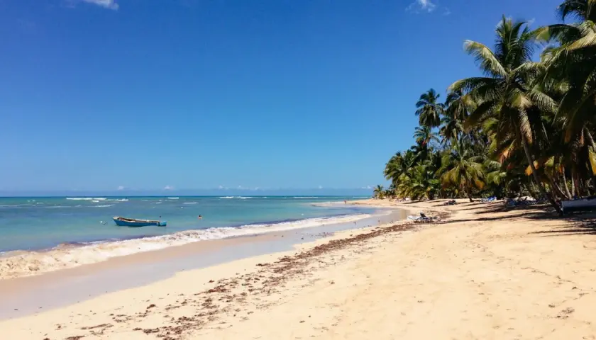 Traumhafter Strand in der Dominikanischen Republik, Punta Cana. Palmen säumen den Sand, ein Boot schaukelt im türkisfarbenen Meer.