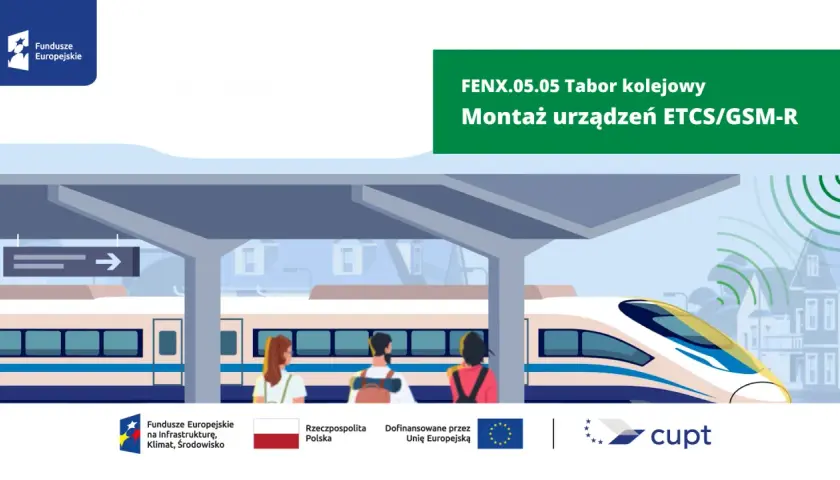Nowoczesny tabor kolejowy na stacji, z pasażerami czekającymi na peronie. Projekt FENX.05.05 dotyczy montażu urządzeń ETCS/GSM-R.
